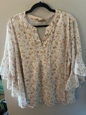 Light Floral V-Neck Blouse by Toscana - Cream with Mustard Accents